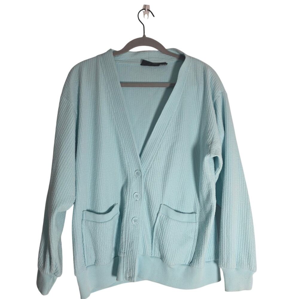 Soft Blue Ribbed Cardigan Women's Large Cozy Button Front Layering Spring Cute